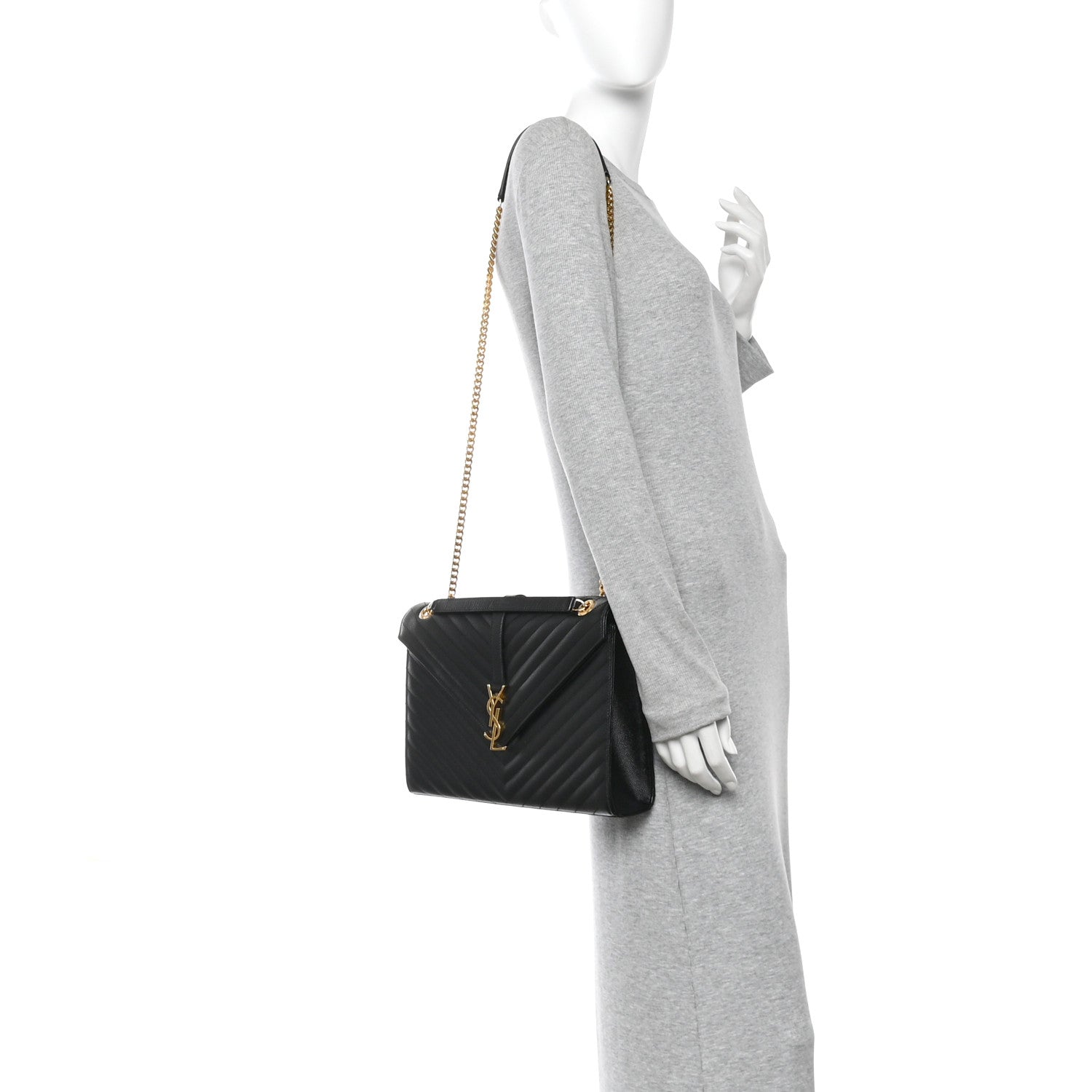 Saint Laurent Grain De Poudre Matelasse Chevron Large Monogram Satchel Black 2 of 13