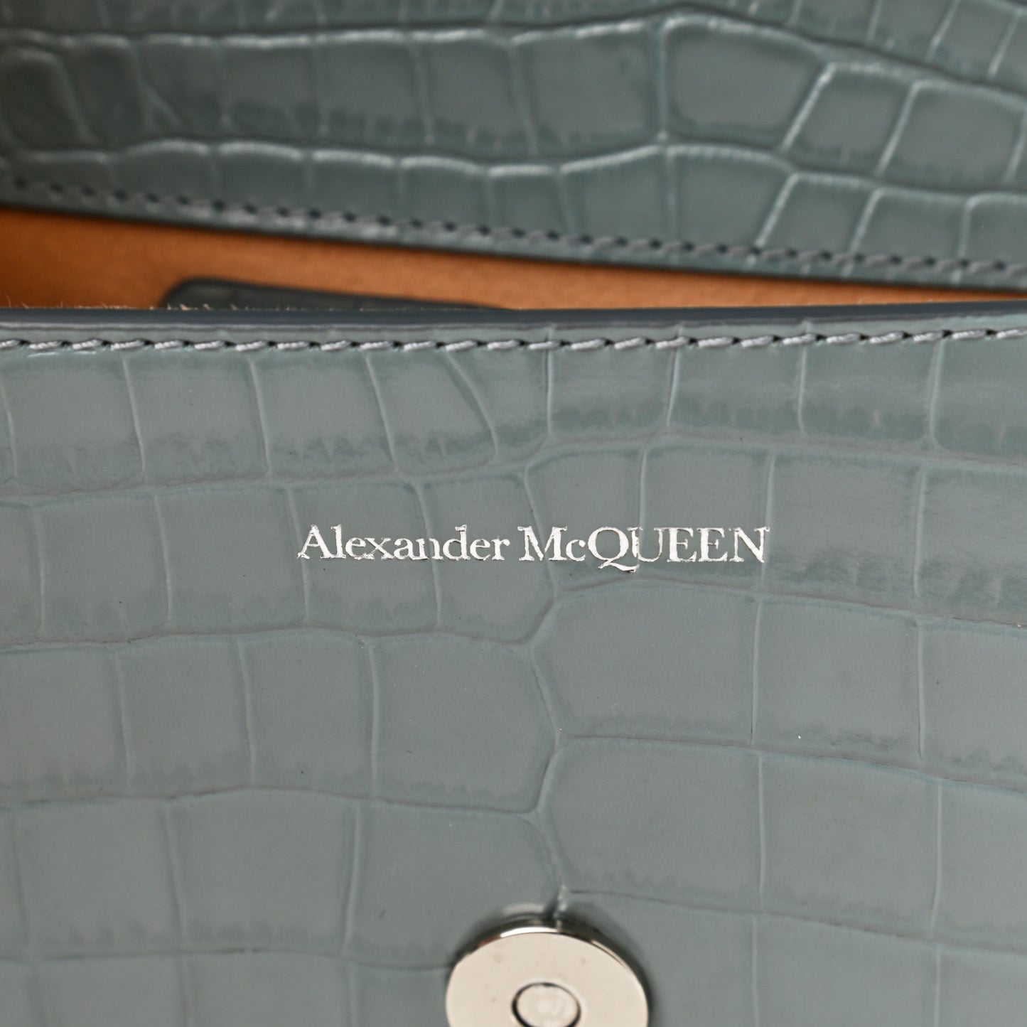 Shiny Crocodile Embossed Jeweled Satchel Blue Grey