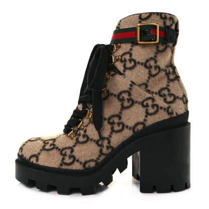 Gucci Covered Wool GG Monogram Womens Lace Up Combat Ankle Boots 39.5 Beige Ebony Black 1 of 7