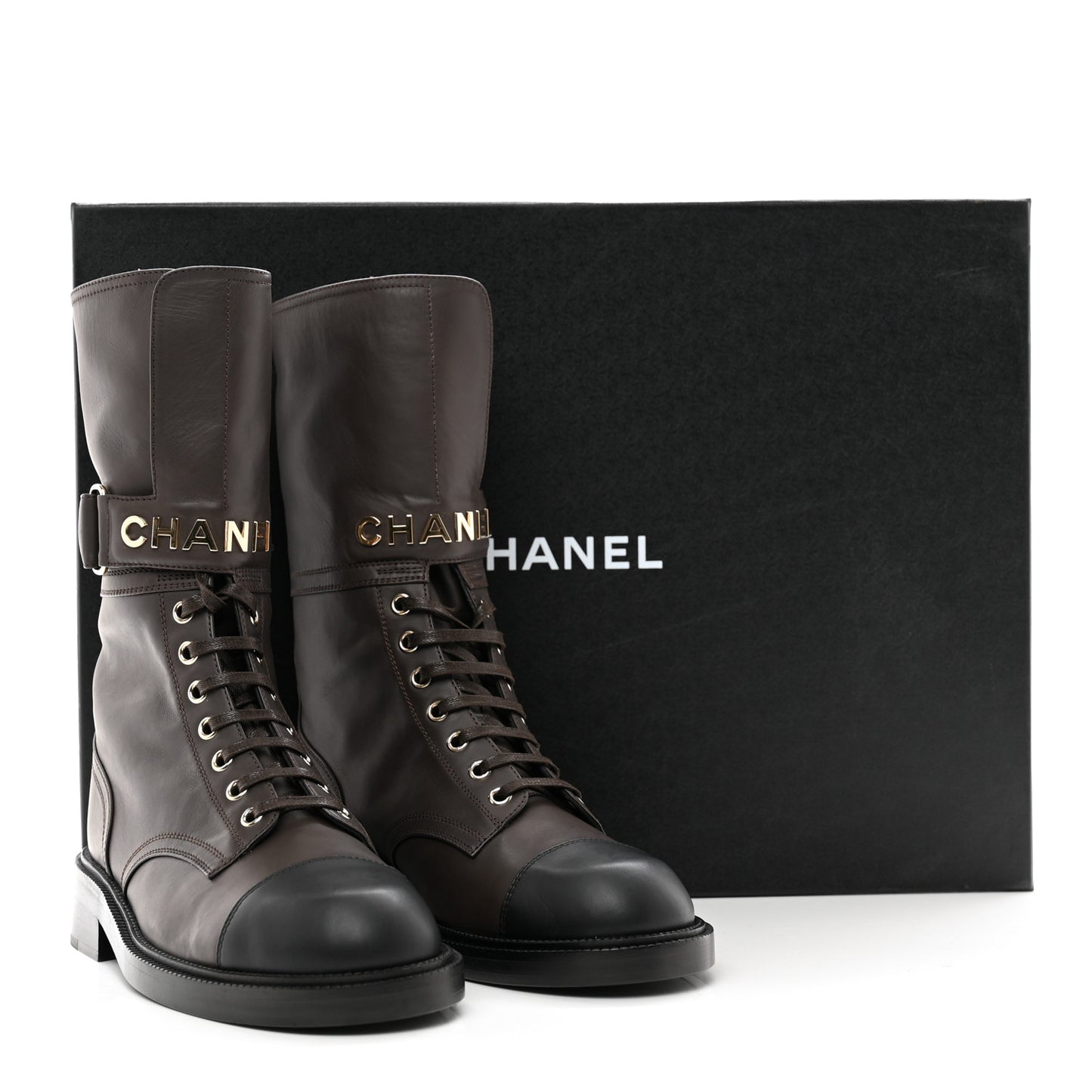 Shiny Calfskin Lace Up Combat Boots 38.5 Dark Brown Black