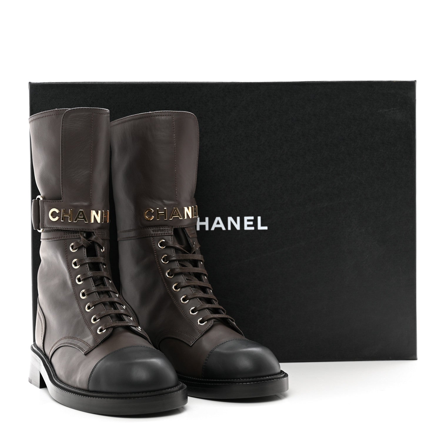 Chanel Shiny Calfskin Lace Up Combat Boots 38.5 Dark Brown Black 9 of 9