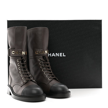 Chanel Shiny Calfskin Lace Up Combat Boots 38.5 Dark Brown Black 9 of 9