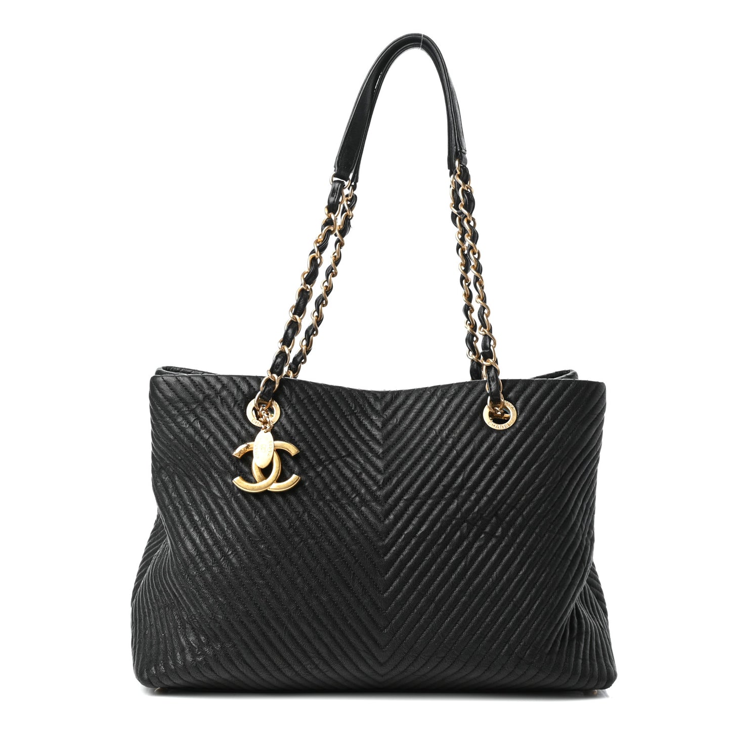 Wrinkled Lambskin Chevron Quilted Surpique Tote Black