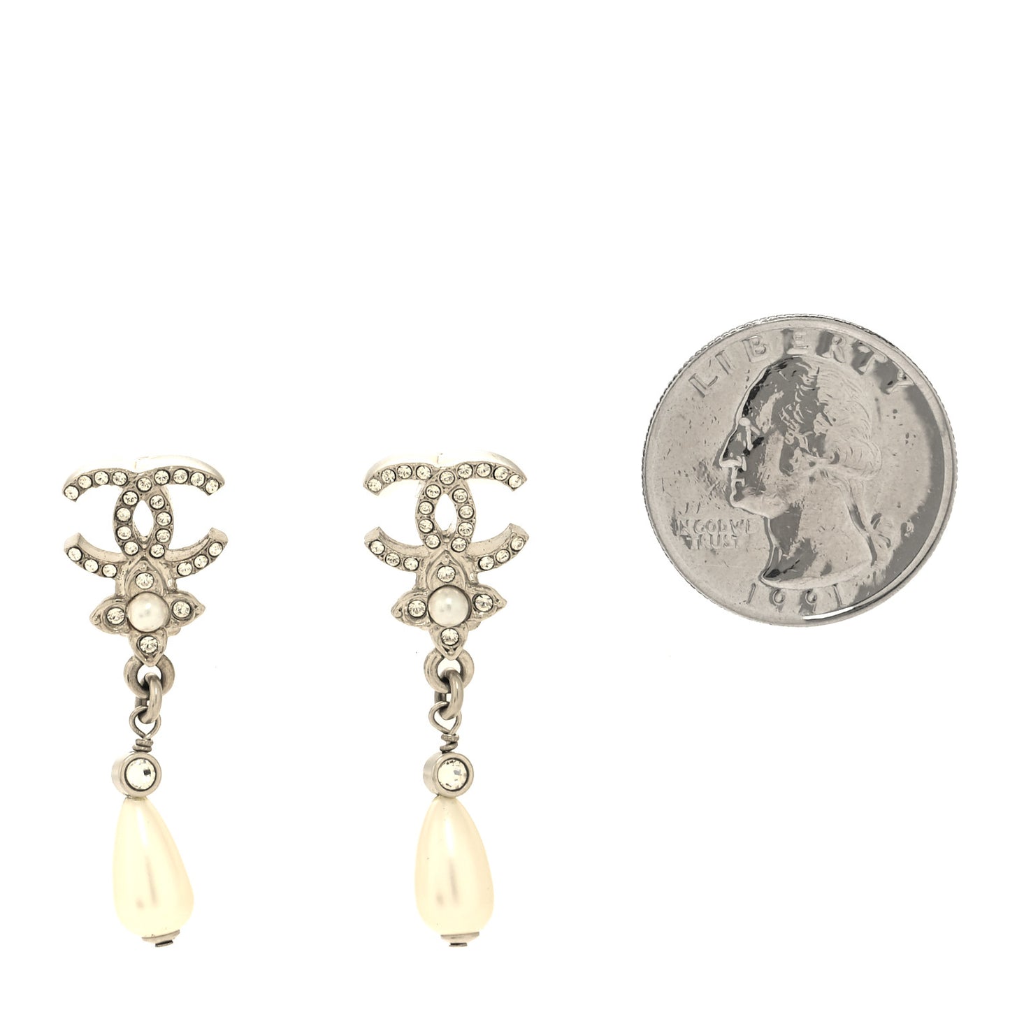 Crystal Pearl Flower CC Drop Earrings Silver