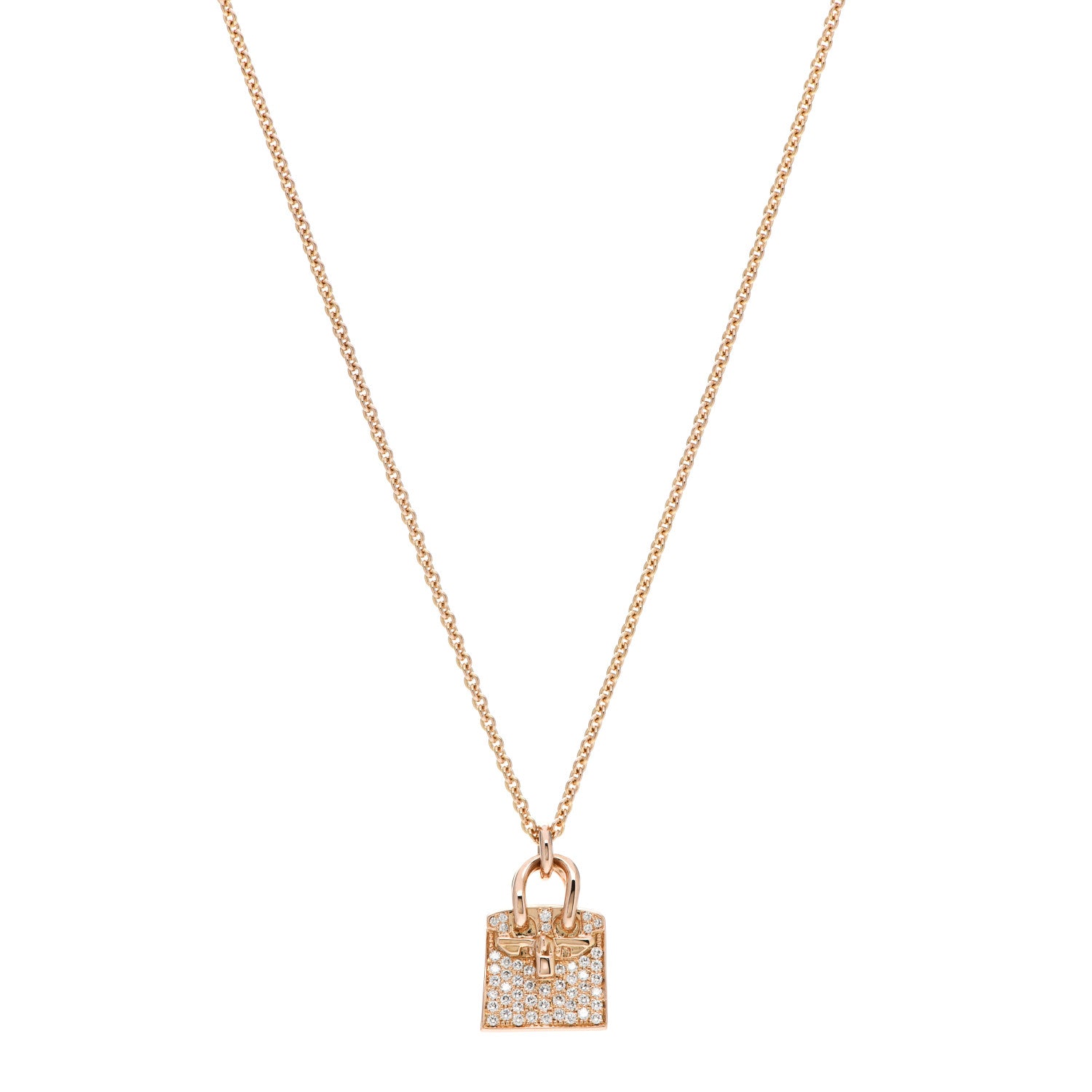 Hermes 18K Rose Gold Diamond Birkin Amulette Pendant Necklace 1 of 5