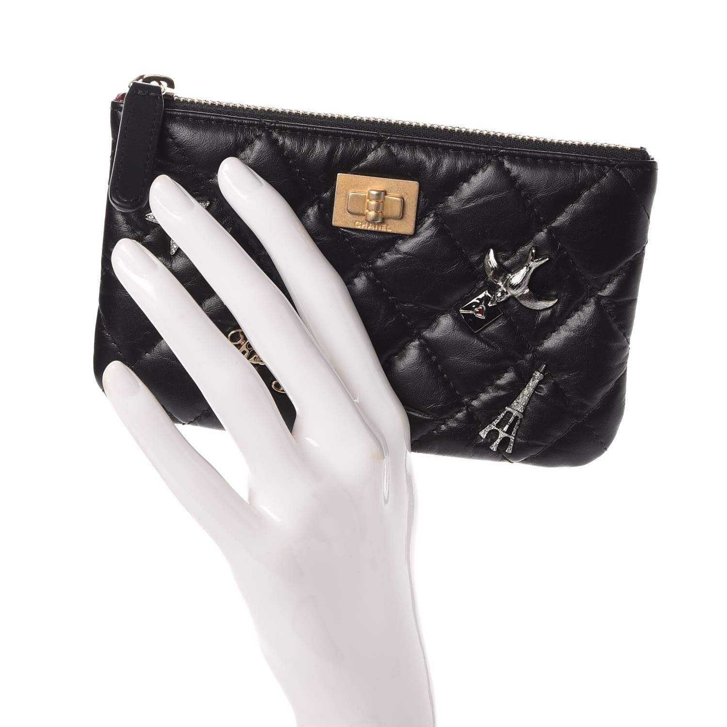 Chanel Aged Calfskin Quilted Small Lucky Charms Cosmetic Case Black 2 of 8
