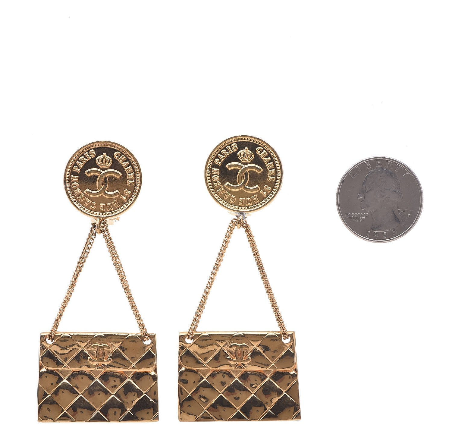 Chanel 2.55 Flap Dangle Clip On Earrings Gold 2 of 5