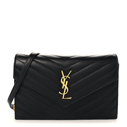 Saint Laurent Calfskin Matelasse Chevron Monogram Envelope Chain Wallet Black 1 of 9