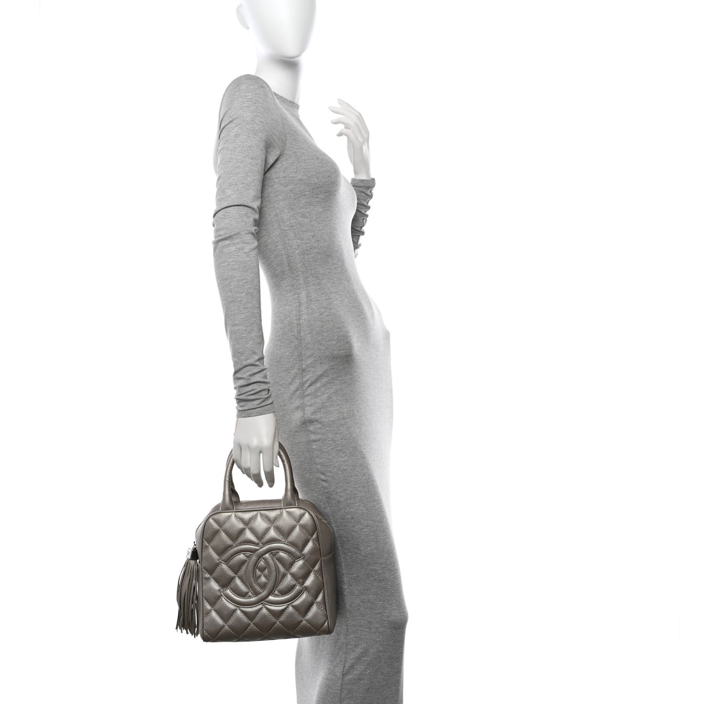 Metallic Caviar Quilted Vertical Bowler Light Gold