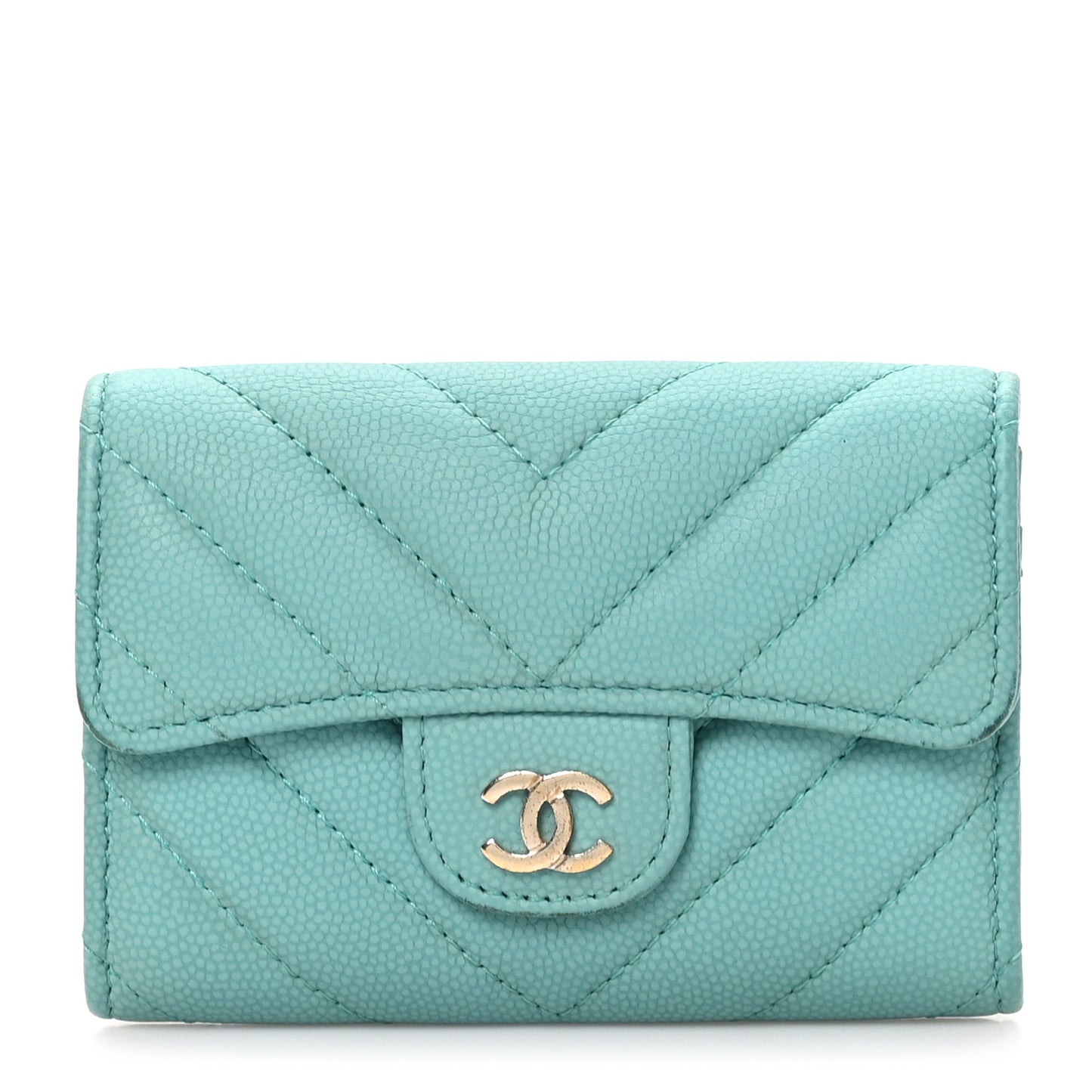 Caviar Flat Chevron Quilted Flap Card Holder Green