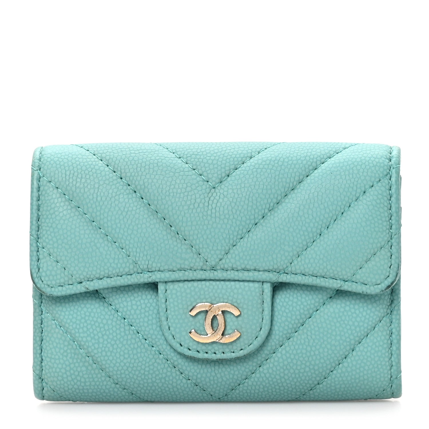 Chanel Caviar Flat Chevron Quilted Flap Card Holder Green 1 of 9