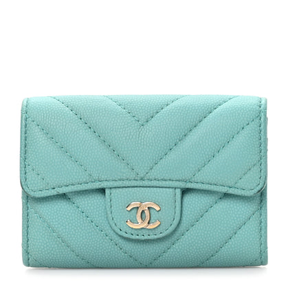 Chanel Caviar Flat Chevron Quilted Flap Card Holder Green 1 of 9