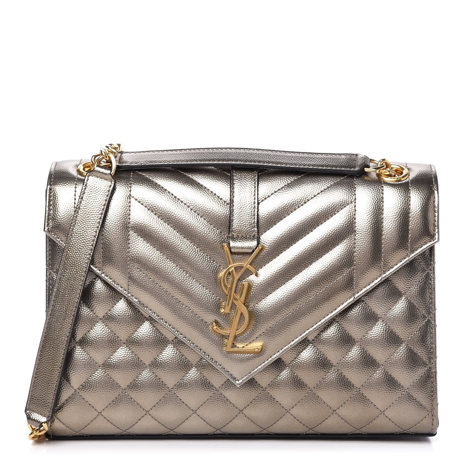 Saint Laurent Metallic Grain De Poudre Textured Mixed Matelasse Triquilt Medium Monogram Satchel Piombo 1 of 10