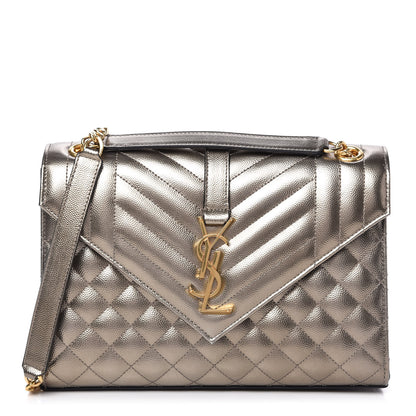Saint Laurent Metallic Grain De Poudre Textured Mixed Matelasse Triquilt Medium Monogram Satchel Piombo 1 of 10
