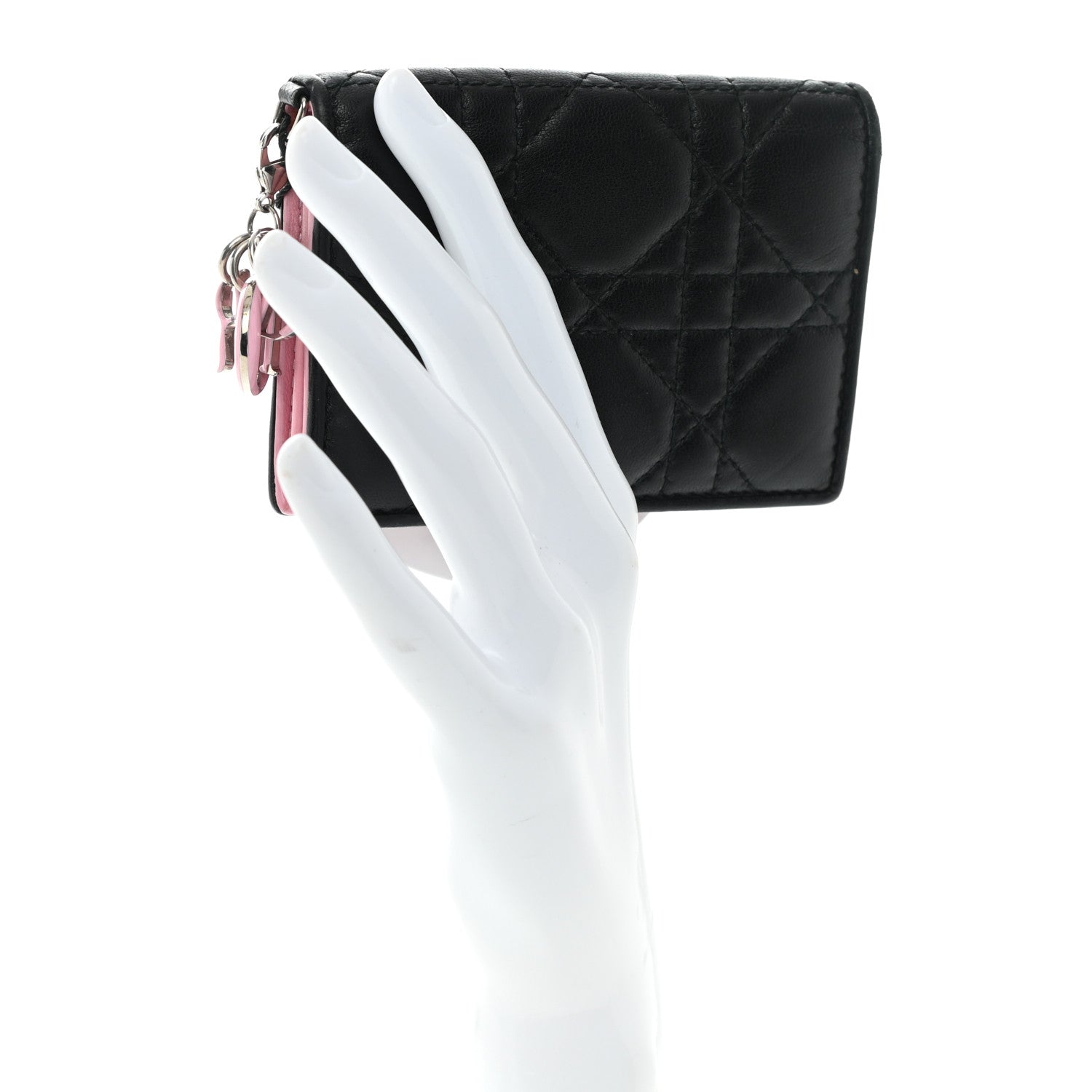Christian Dior Lambskin Cannage Bi-Color Small Lady Dior Flap Card Holder Black Pink 2 of 9