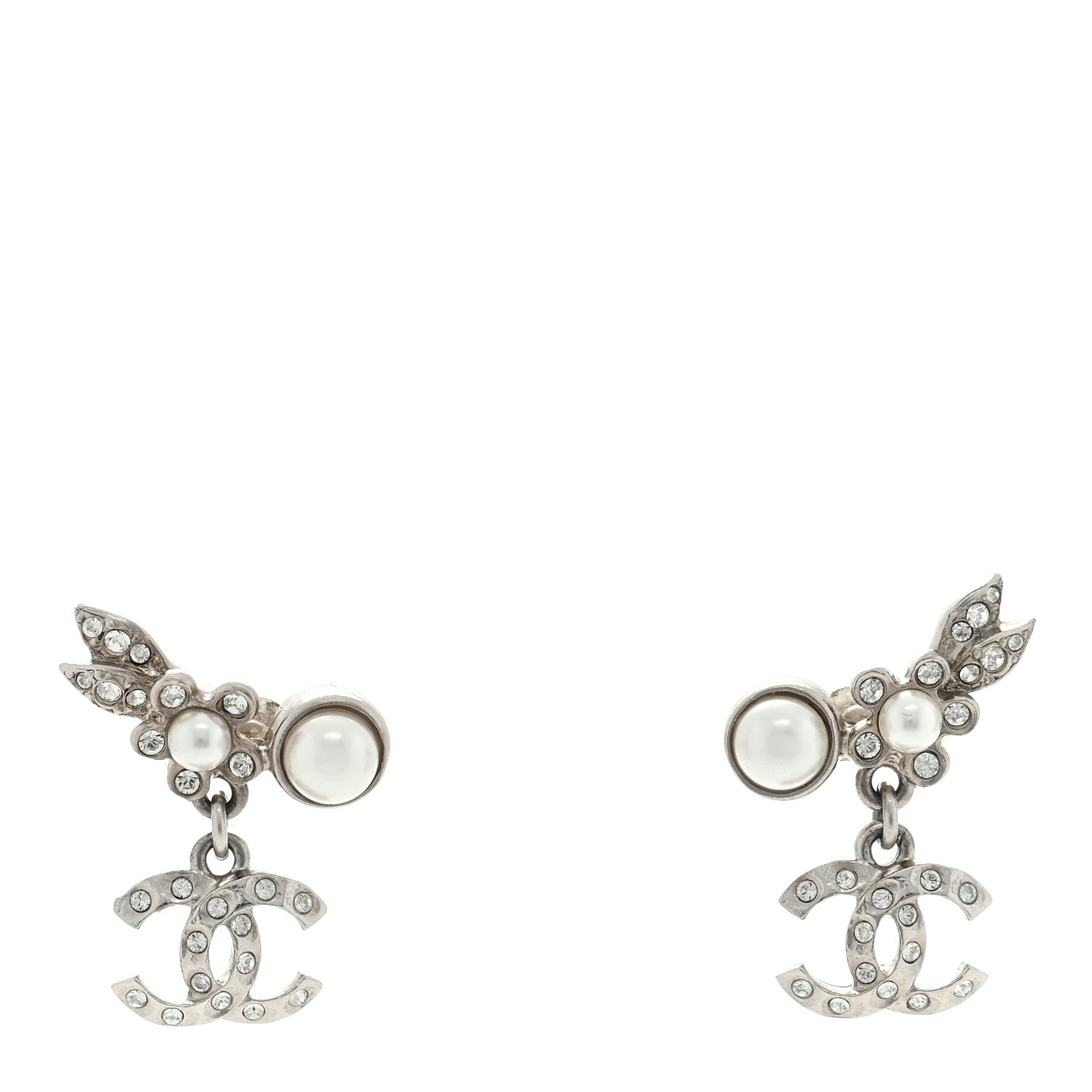 Chanel Crystal Pearl CC Leaf Earrings Silver 1 of 4