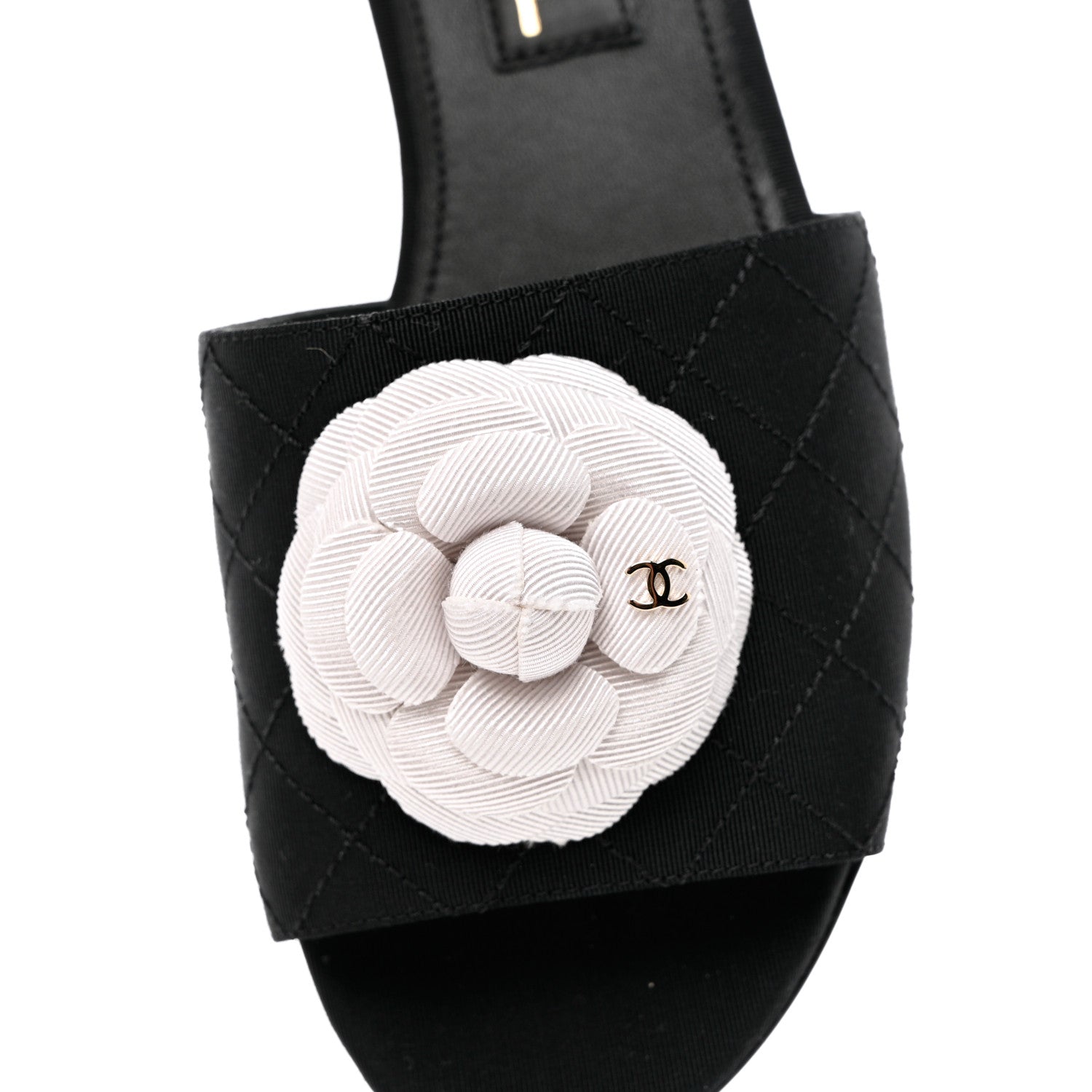 Chanel Grosgrain Quilted Camellia CC Slides 37.5 Black White 10 of 10