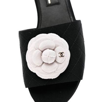 Chanel Grosgrain Quilted Camellia CC Slides 37.5 Black White 10 of 10