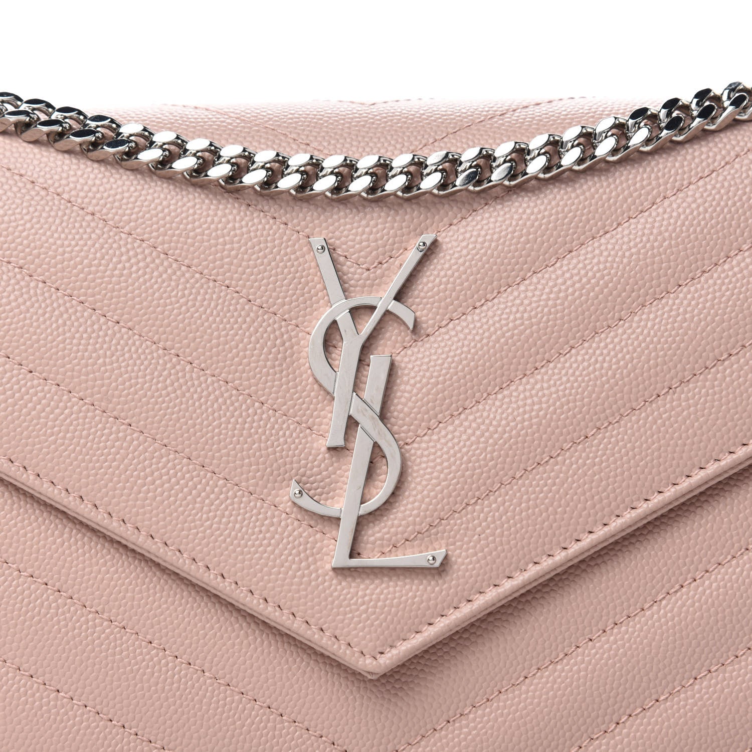 Saint Laurent Grain De Poudre Matelasse Chevron Monogram Chain Wallet Pale Pink 10 of 11