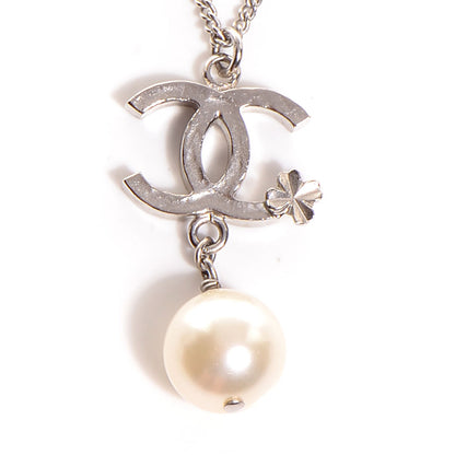 Chanel Clover CC Pearl Drop Necklace Silver 3 of 6