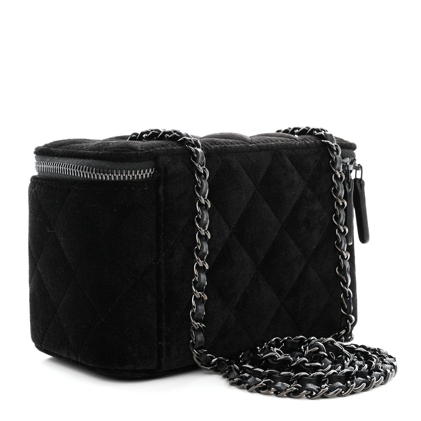 Velvet Quilted Small Vanity Case With Chain Black