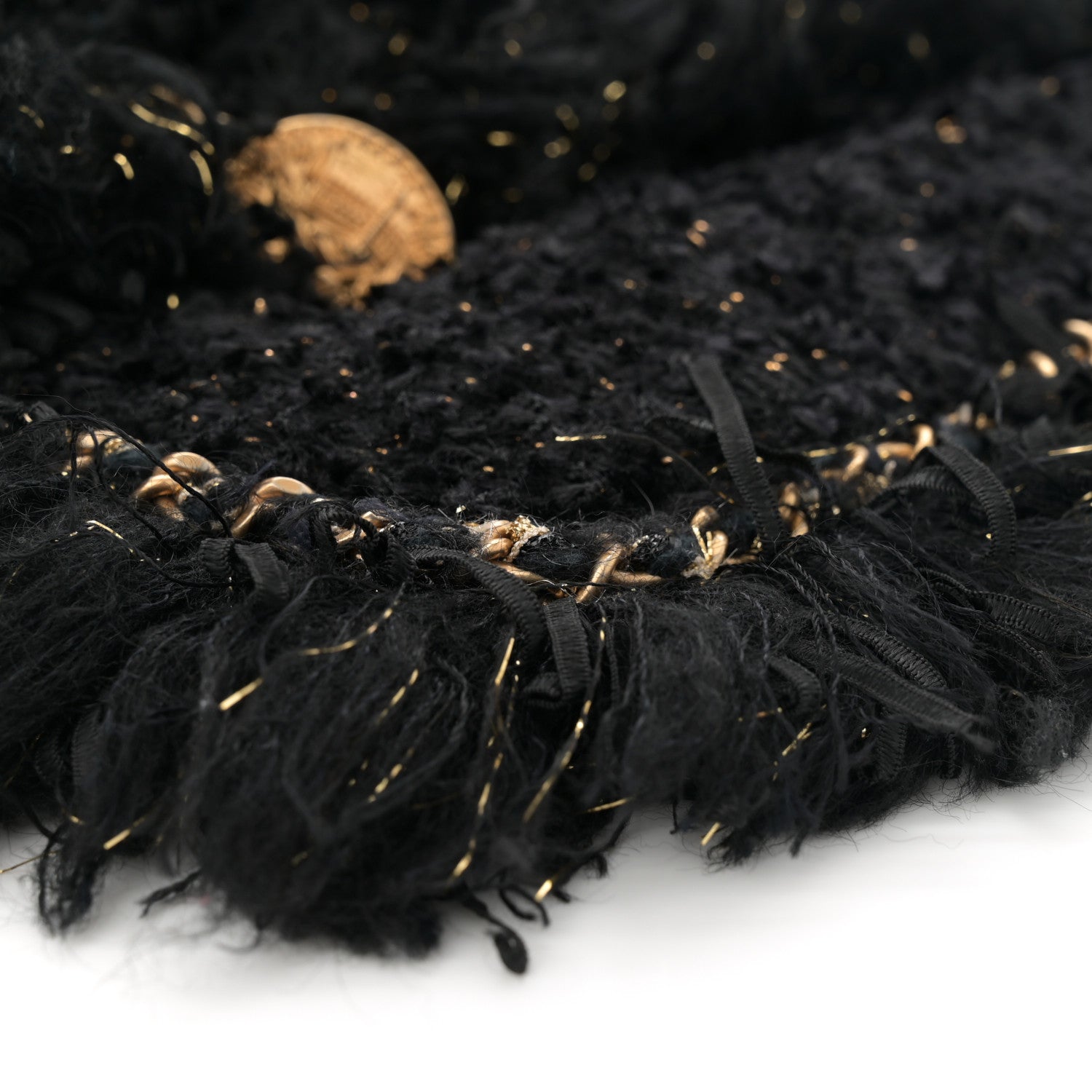 Chanel Tweed Fringe Quilted Chain Around Flap Clutch Black Gold 9 of 10