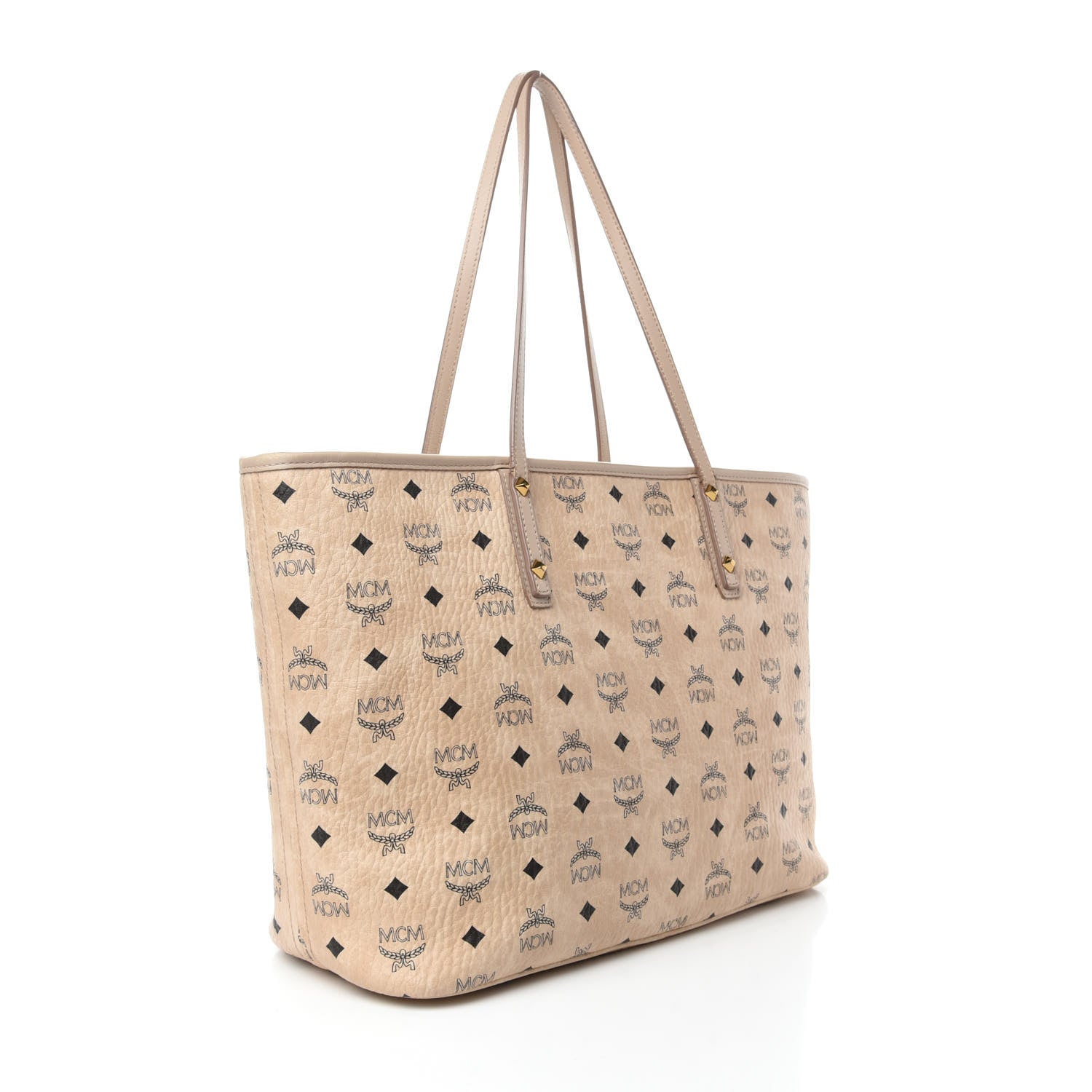 MCM Visetos Medium Studded Rabbit Top Zip Shopper Tote Beige 4 of 13