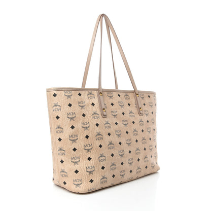 MCM Visetos Medium Studded Rabbit Top Zip Shopper Tote Beige 4 of 13