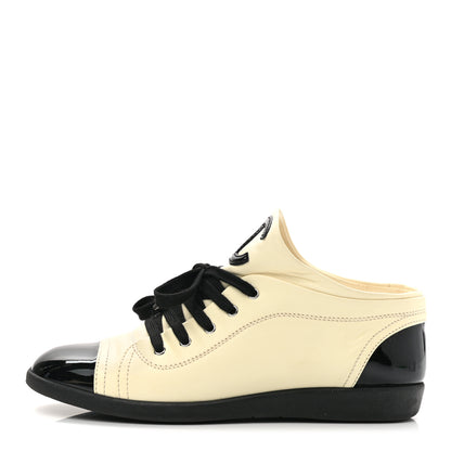 Chanel Lambskin Patent Calfskin CC Sneakers 37.5 White Black 1 of 9