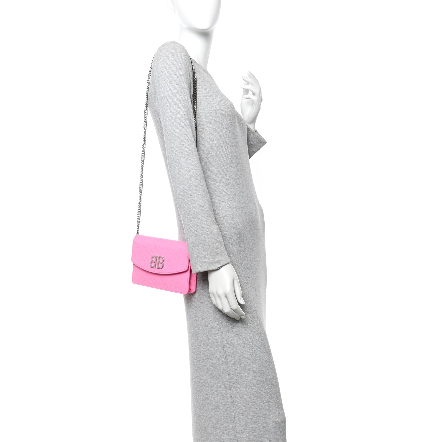 Balenciaga Shiny Goatskin Logo Embossed BB Wallet On Chain Acid Pink 2 of 12