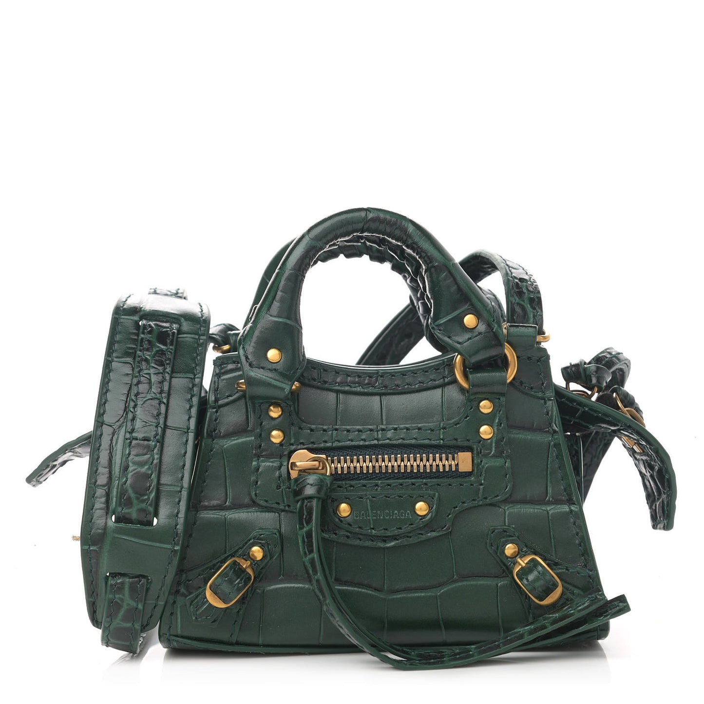 Shiny Supple Calfskin Crocodile Embossed Neo Classic Gold Hardware Super Nano City Crossbody Forest Green