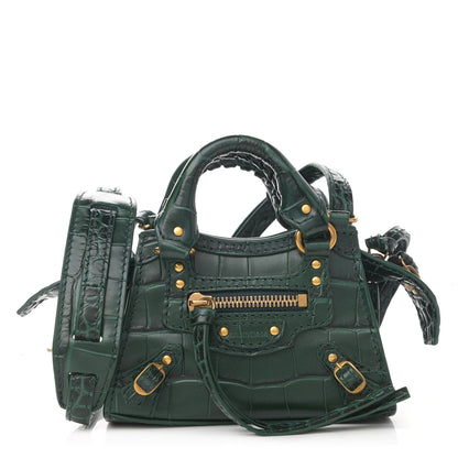 Balenciaga Shiny Supple Calfskin Crocodile Embossed Neo Classic Gold Hardware Super Nano City Crossbody Forest Green 1 of 11