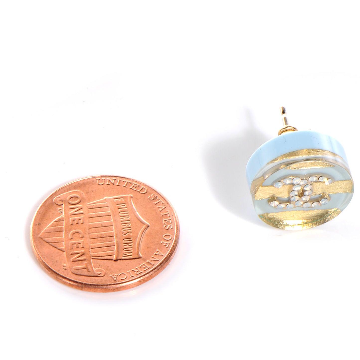 Striped Crystal CC Button Earrings Light Blue