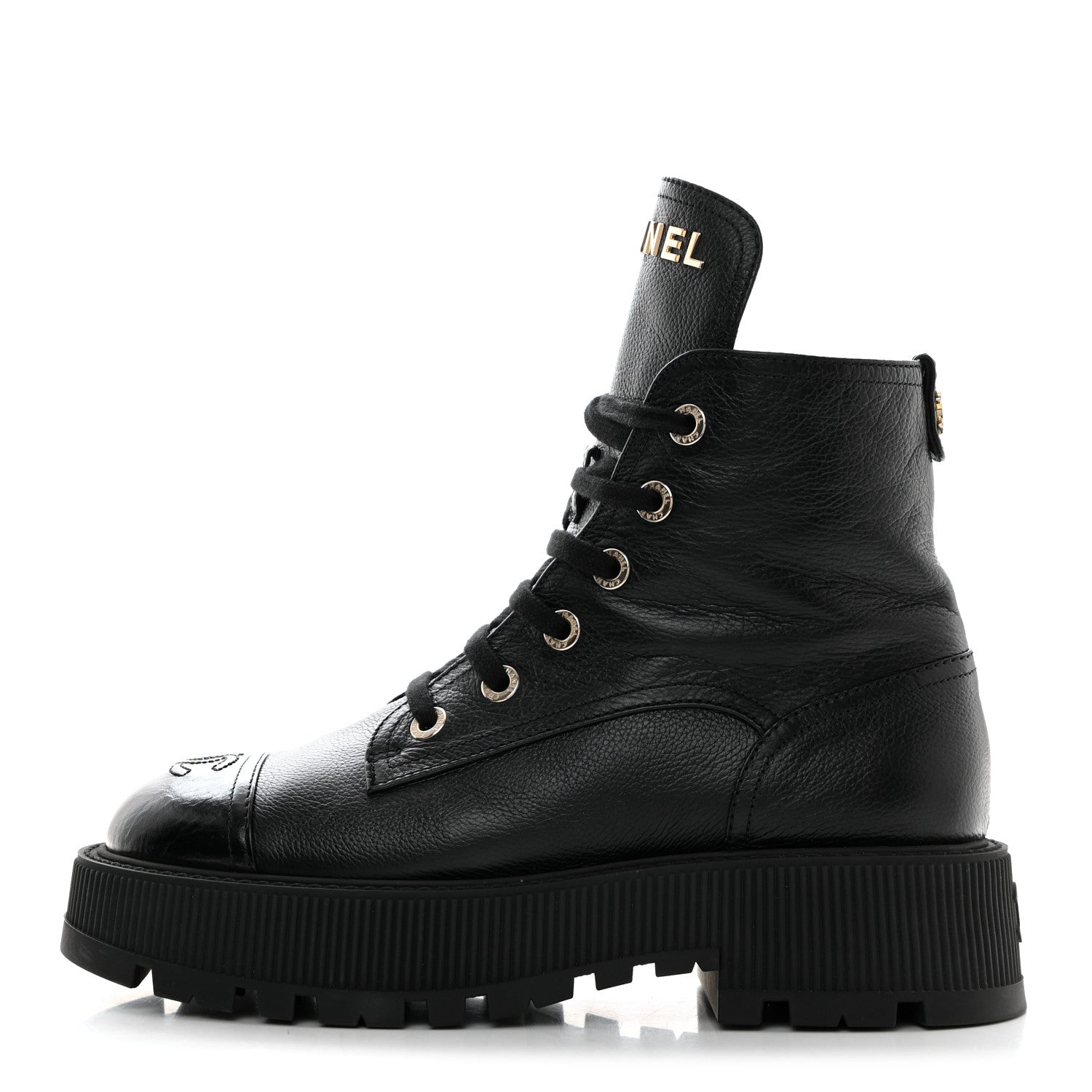 Chanel Grained Calfskin Shiny Calfskin CC Lace Up Combat Boots 39.5 Black 1 of 8
