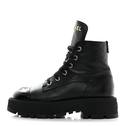 Chanel Grained Calfskin Shiny Calfskin CC Lace Up Combat Boots 39.5 Black 1 of 8