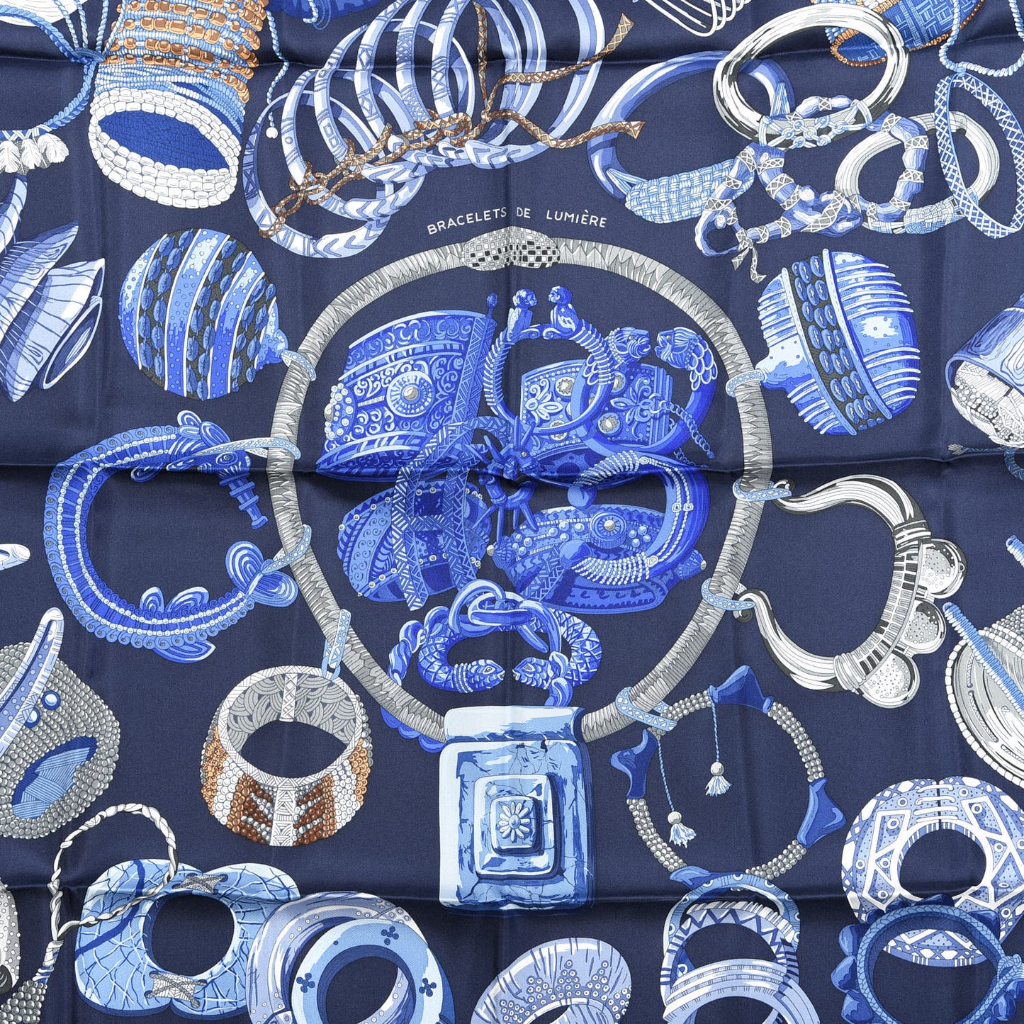 Silk Bracelets de Lumiere Scarf 90 Marine Bleu Dur Gris
