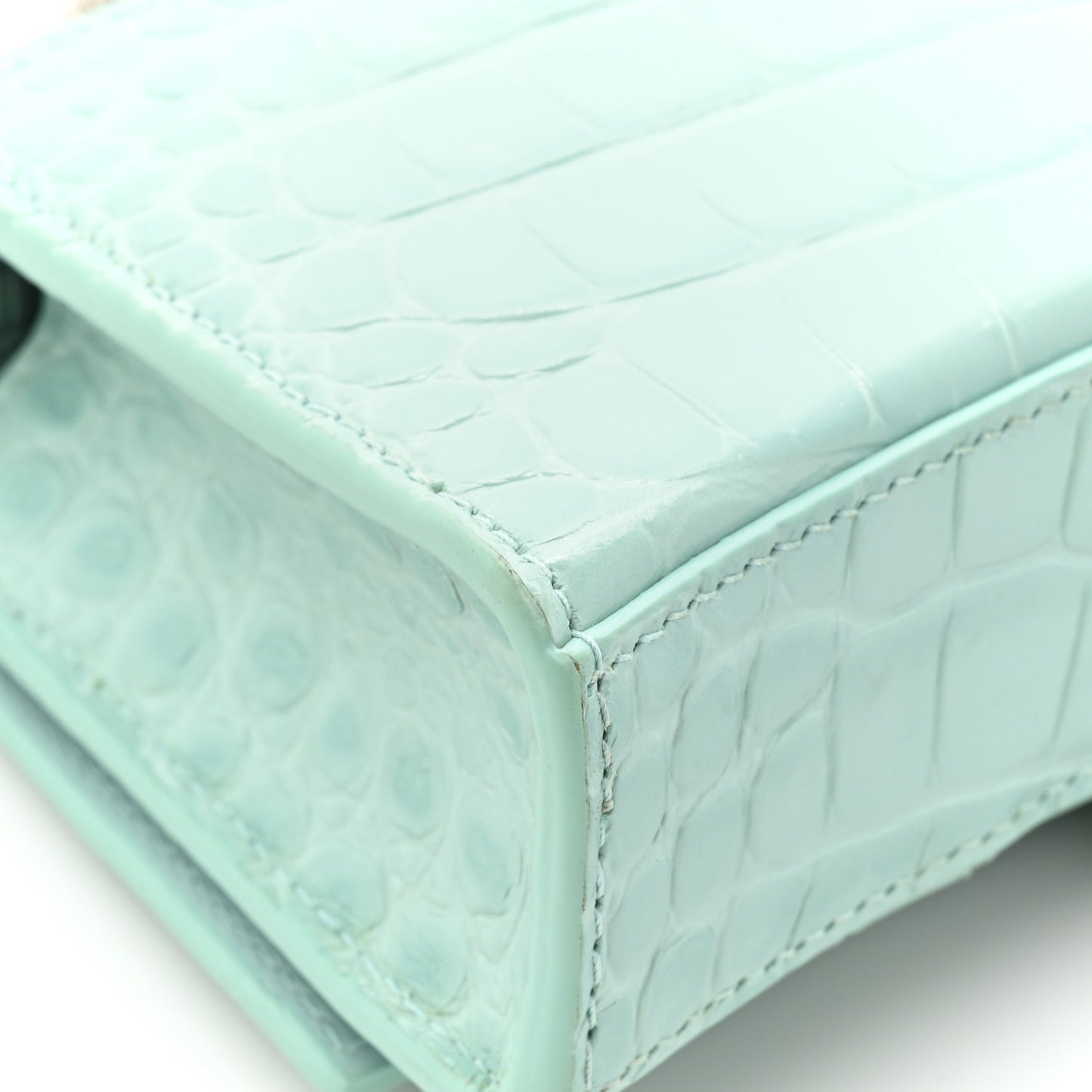 Shiny Calfskin Crocodile Embossed Hourglass Chain Bag Green Acqua