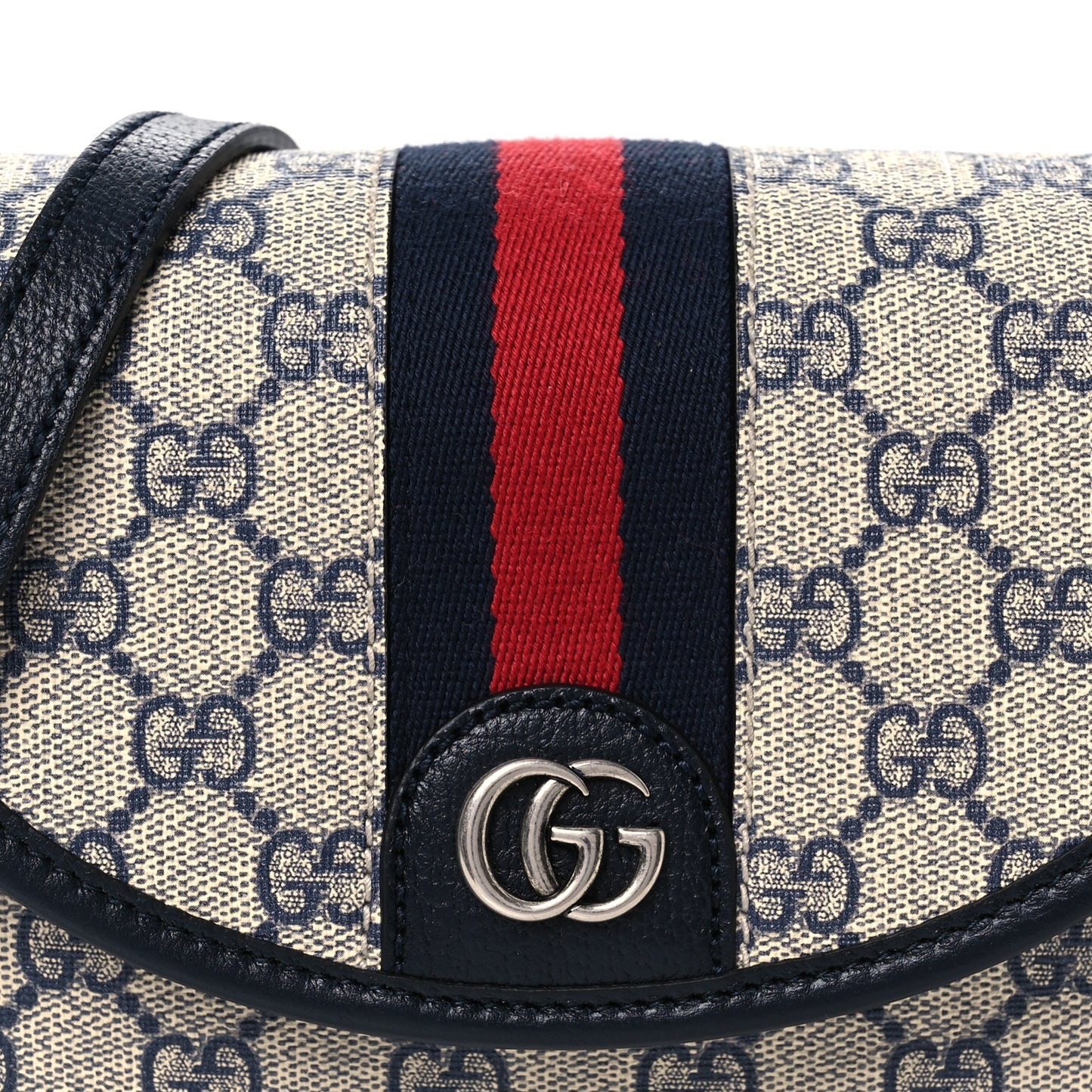 GG Supreme Monogram Textured Dollar Calfskin Mini Ophidia Flap Shoulder Bag Beige Blue