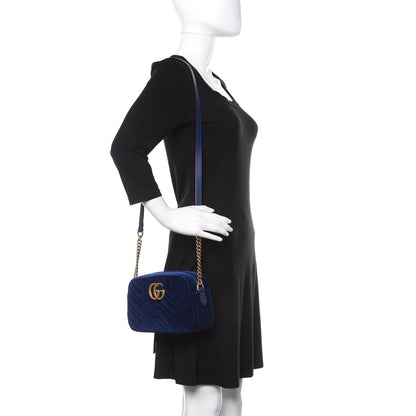 Gucci Velvet Matelasse Small GG Marmont Chain Shoulder Bag Cobalt 2 of 9