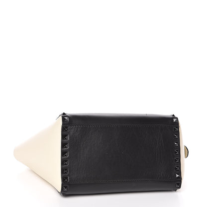 Valentino Garavani Vitello Bi-Color Small Rockstud Double Handle Tote Ivory Black 4 of 12