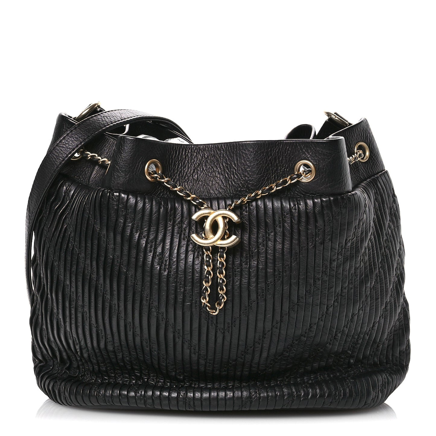 Iridescent Crumpled Calfskin Coco Pleats Drawstring Bag Black