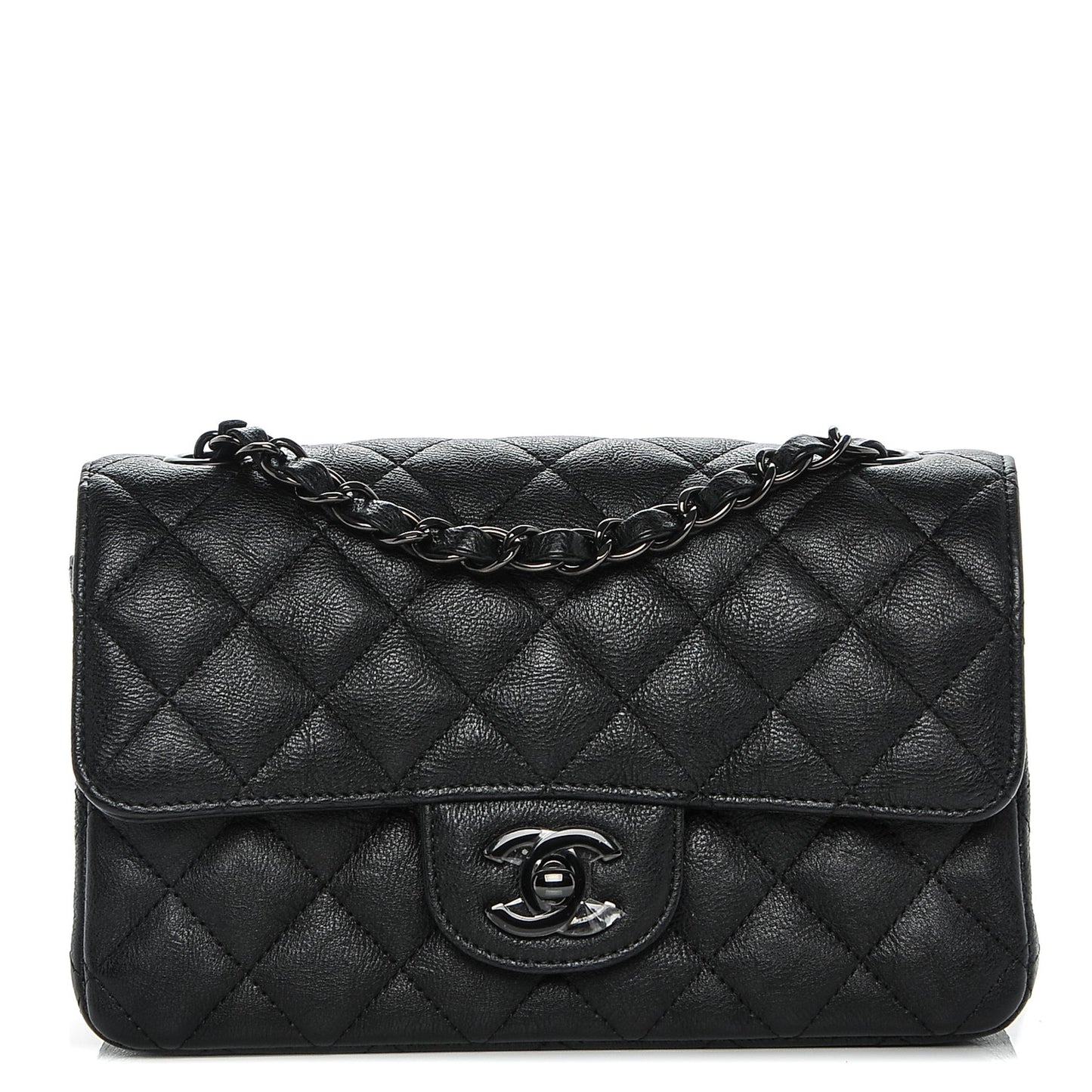 Crumpled Calfskin Quilted Mini Rectangular Flap So Black