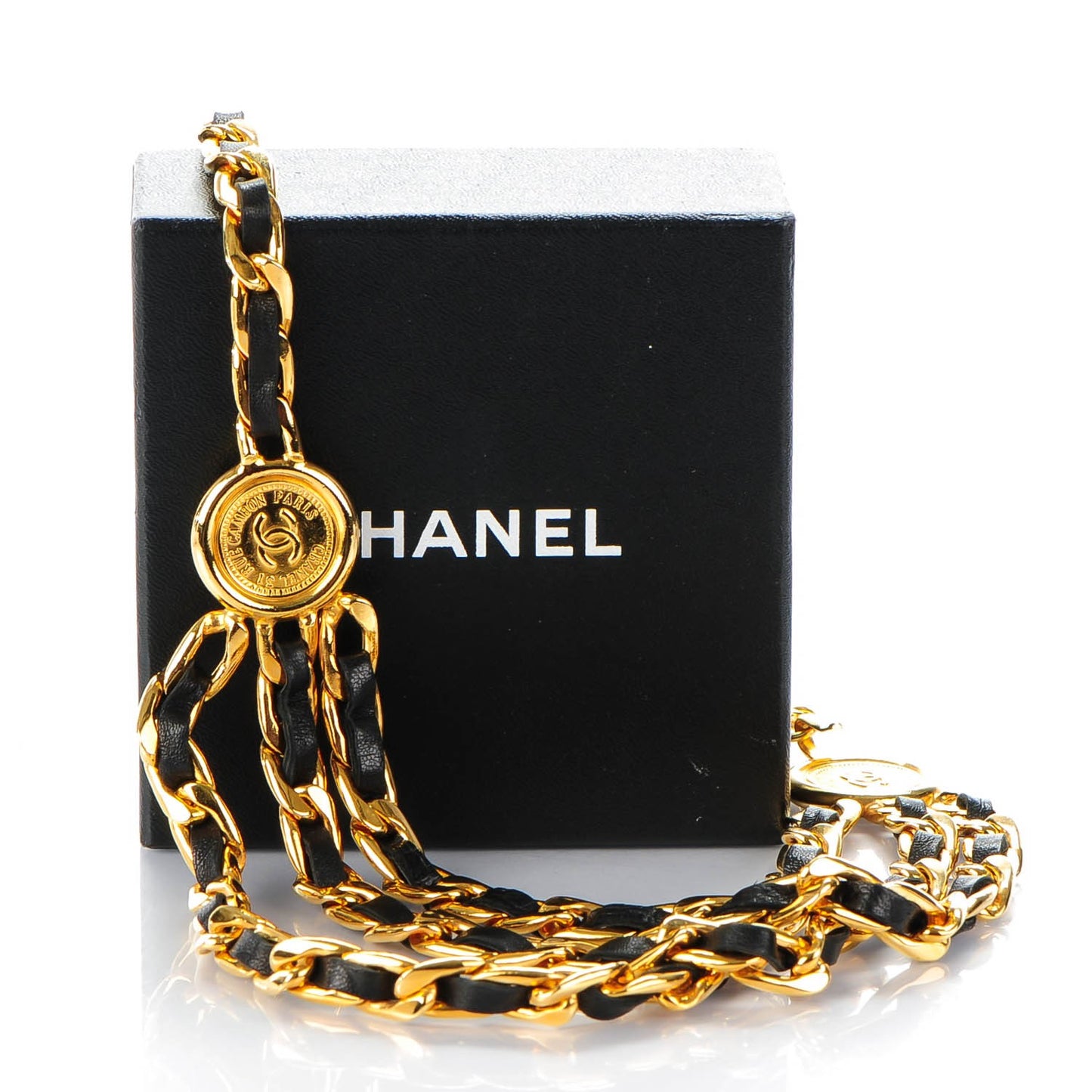 Lambskin Chain CC Medallion Belt Black Gold