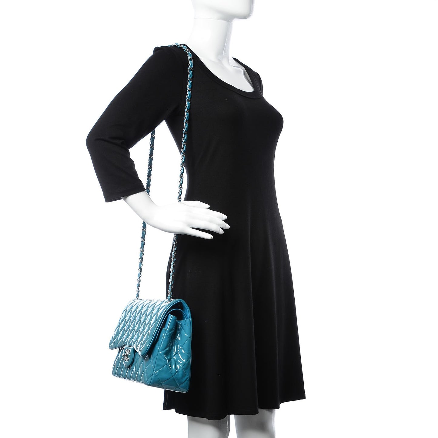 Patent Calfskin Quilted Jumbo Double Flap Turquoise