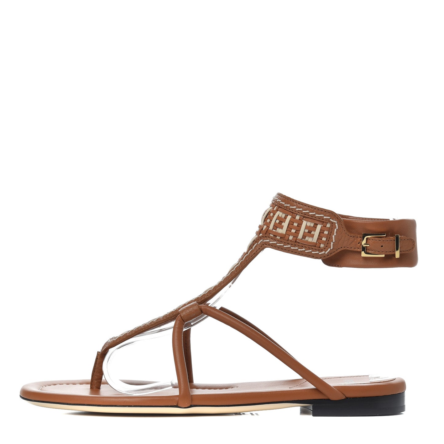 Calfskin FF Woven Ankle Wrap Flat Sandals 38 Brandy Camelia