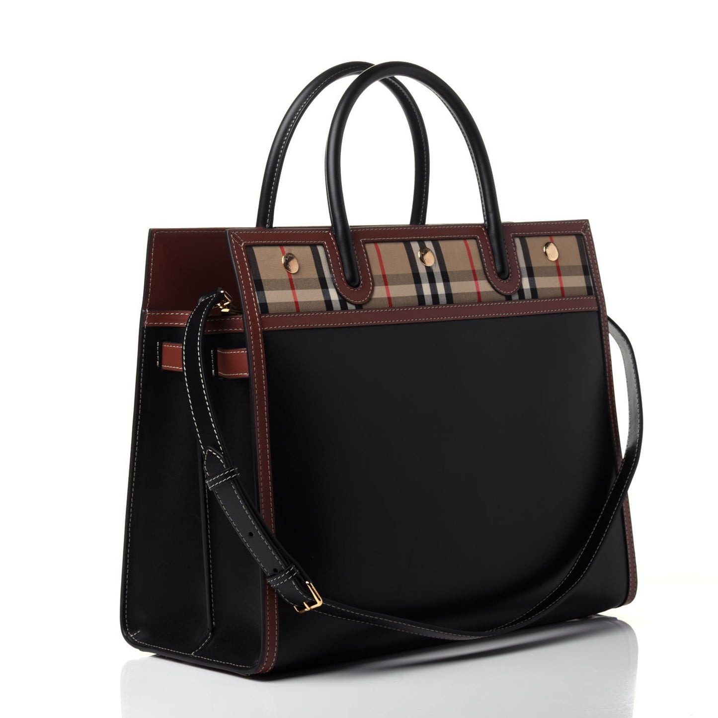 Calfskin Vintage Check Medium Two Handle Title Bag Black
