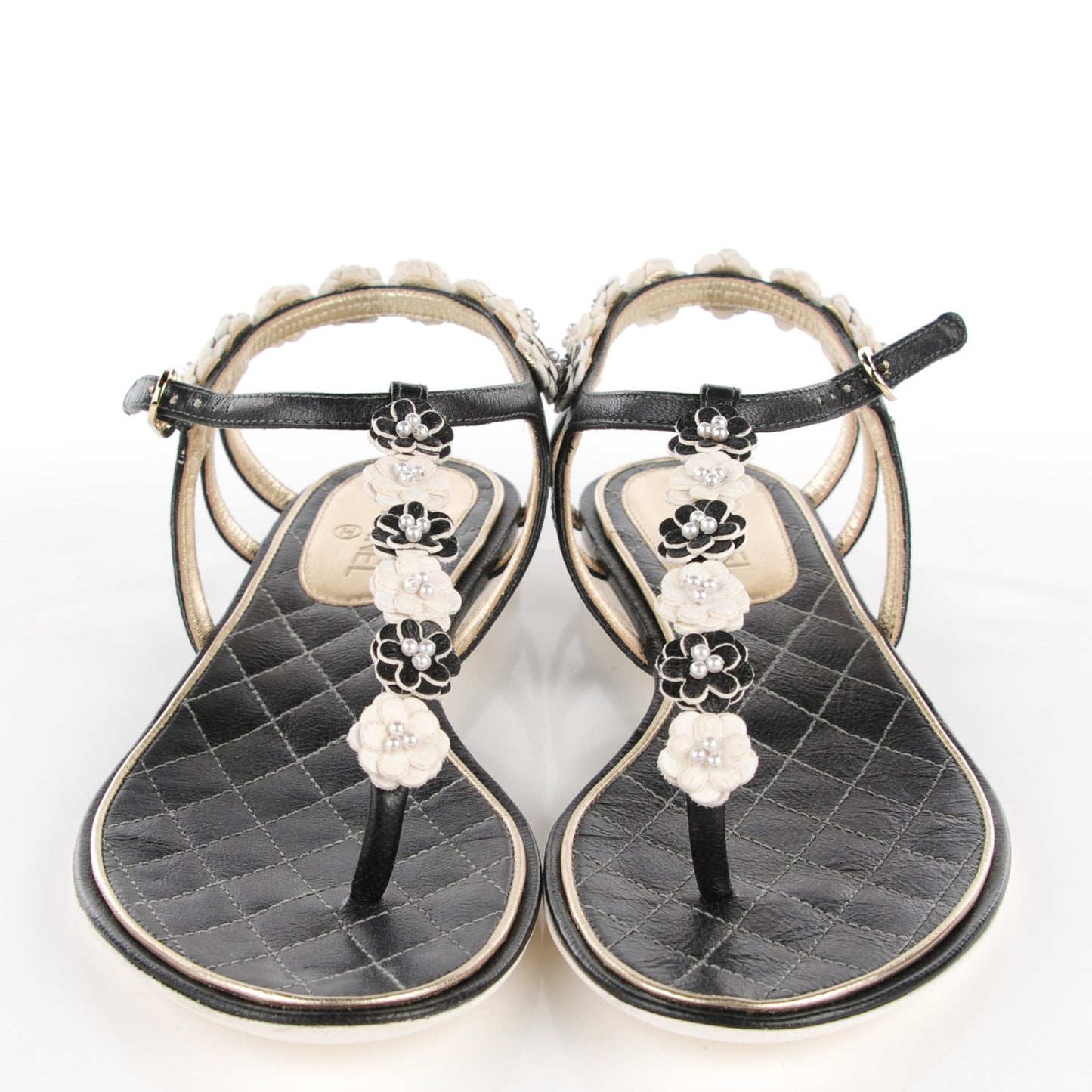 Calfskin Camellia Pearl Thong Sandals 36 Dark Grey