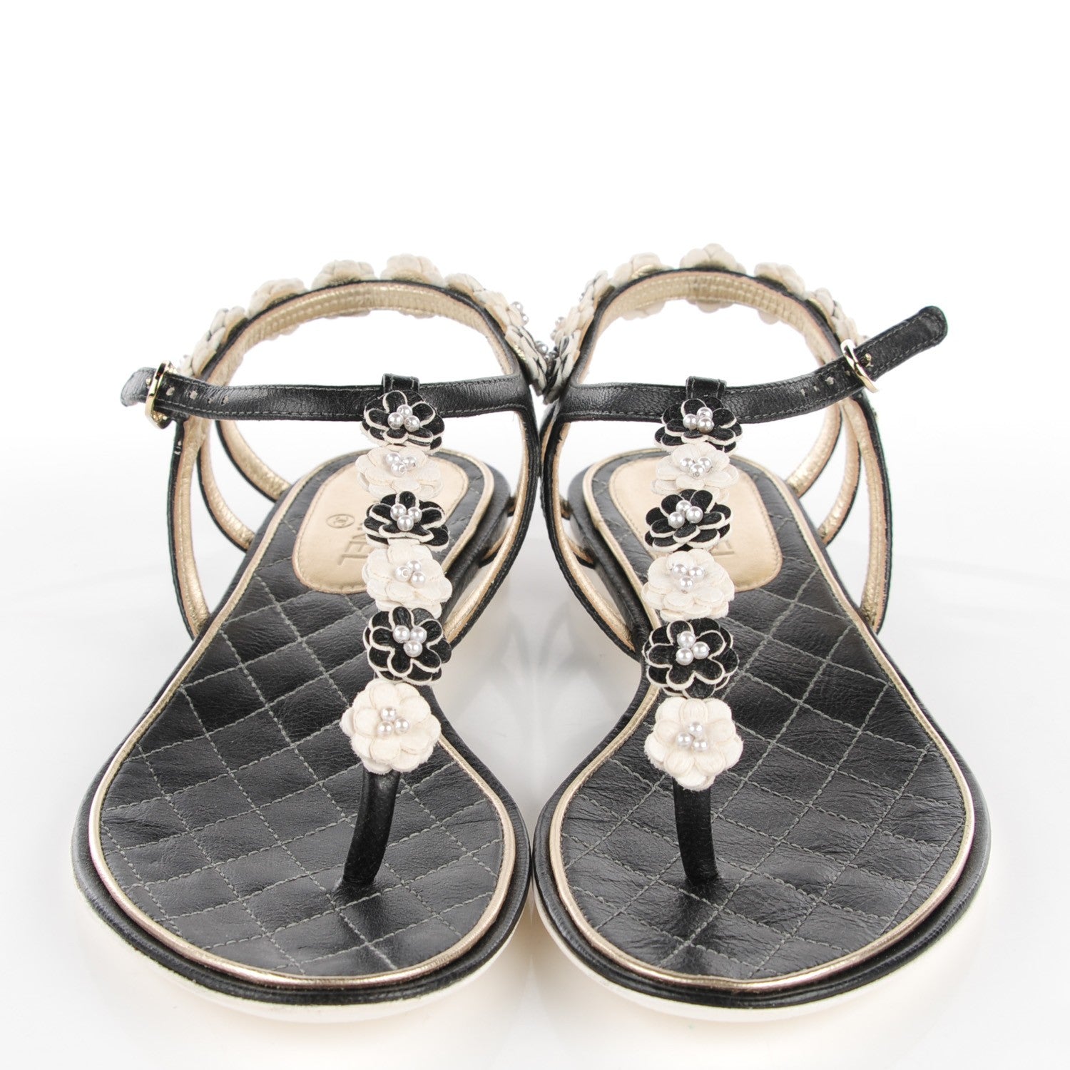 Chanel Calfskin Camellia Pearl Thong Sandals 36 Dark Grey 2 of 6