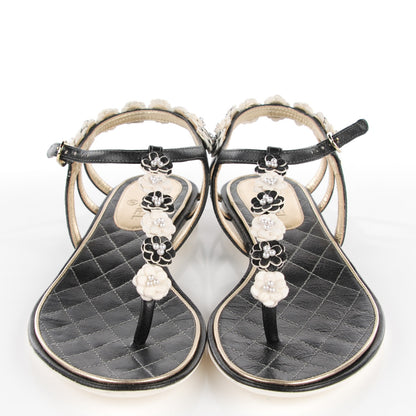 Chanel Calfskin Camellia Pearl Thong Sandals 36 Dark Grey 2 of 6