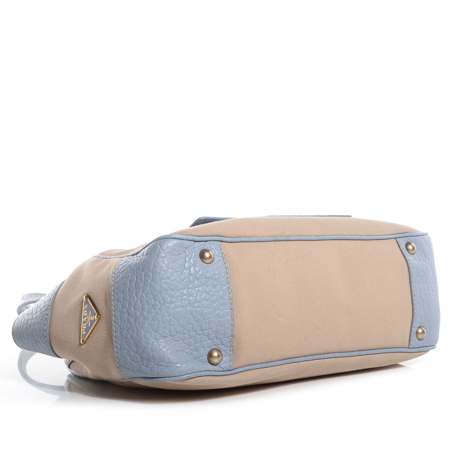 Prada Canapa Canvas Leather Small Tote Blue Beige 4 of 10
